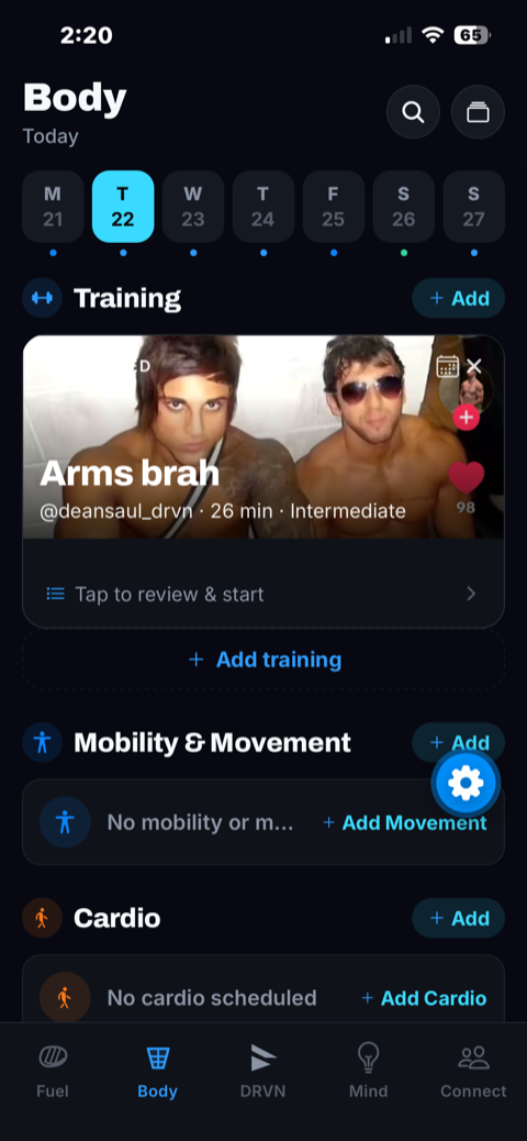 Body app showing a weekly calendar, a scheduled training session, mobility, and cardio.