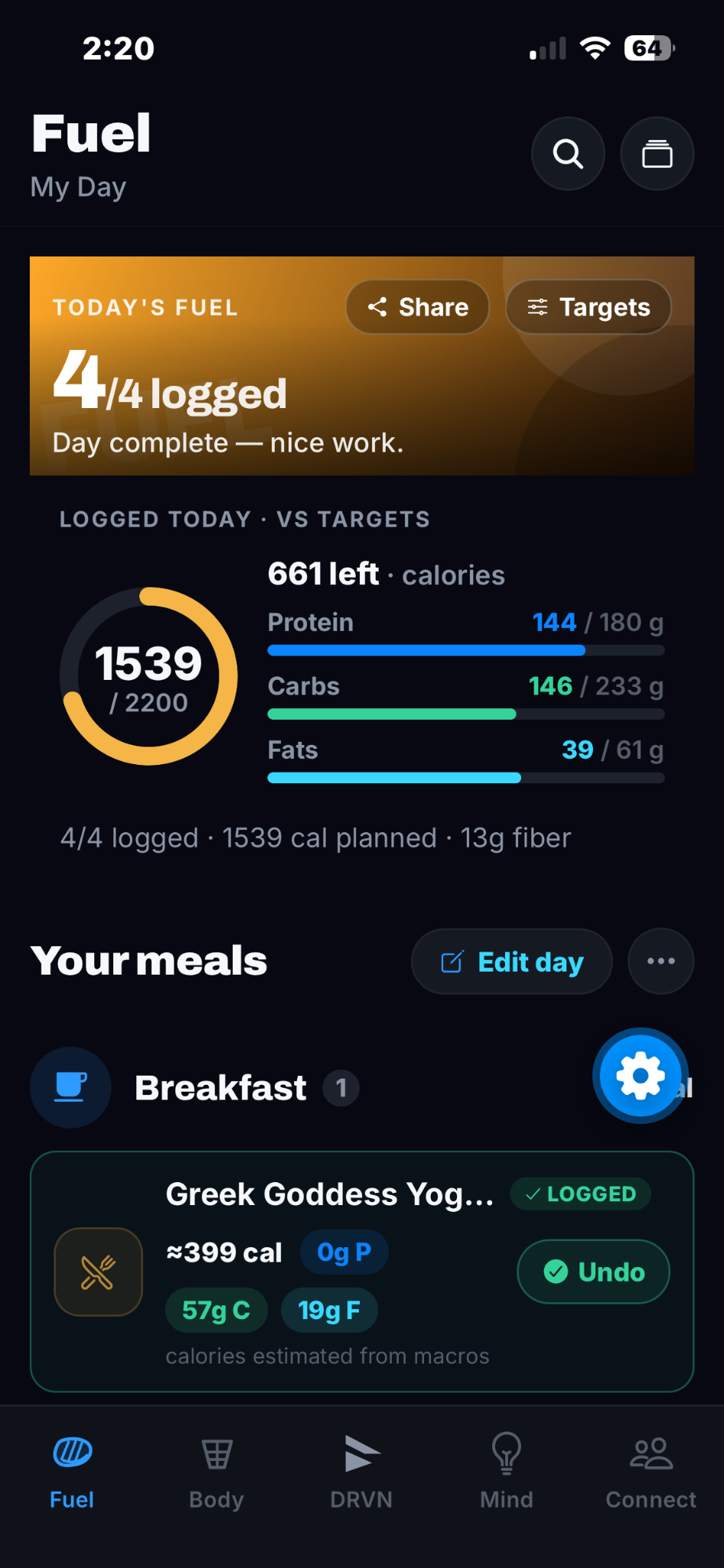 Fuel app: four meals logged, a calorie ring, and protein, carbohydrate, and fat targets.