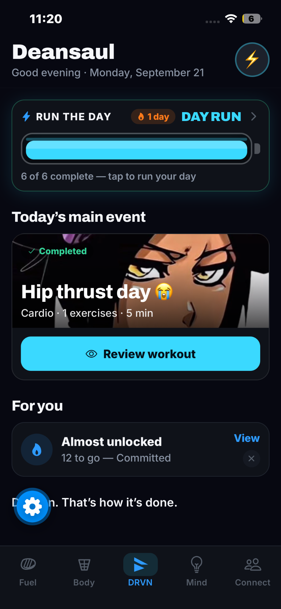 Run the Day: a full cyan battery with six of six daily actions complete.